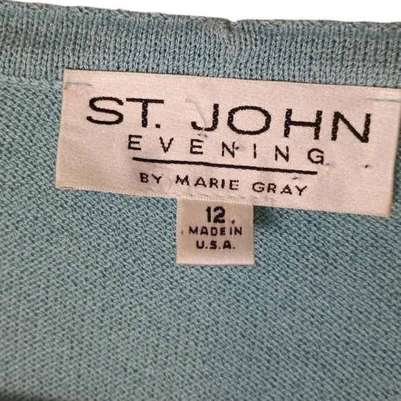 St John Evening Marie Gray Blue Knit Cardigan Sequin Trim Jacket Sz 12 USA Vtg - Picture 7 of 12